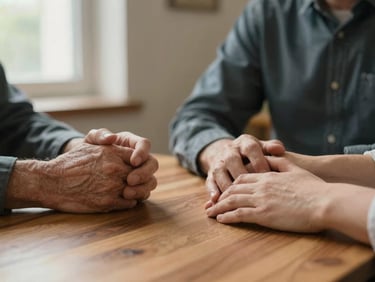 Close-up of two pairs of hands resting on a wooden table, one older and one younger, mid-conversation, soft natural window light from the left, warm tones, shallow depth of field, no eye contact with camera