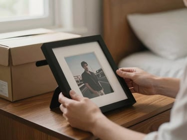 Hands carefully placing a framed photograph on a bedroom nightstand, a half-unpacked box visible in the background, soft window light, warm room tones, close medium framing, unhurried and attentive