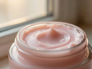 Macro close-up of a luxurious pink face cream texture with soft golden-hour window light, elegant espresso tones, 35mm.