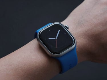 Macro shot of a sleek modern smartwatch with an active screen on a wrist, cool studio lighting, electric blue accents, dark minimalist background, sharp focus, 85mm lens