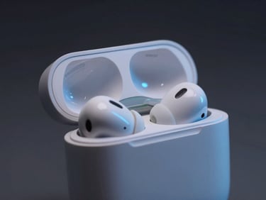 Close-up of wireless earbuds in their charging case, cool studio lighting, subtle blue ambient backlighting, dark gray background, sharp focus, 85mm lens