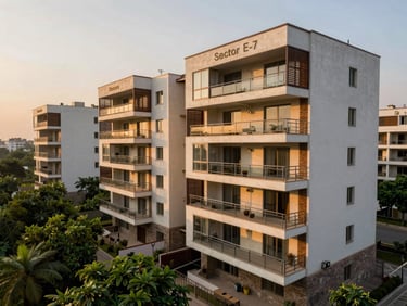 Contemporary duplex apartment balcony in Sector E-7, Islamabad, overlooking green treetops, warm sunset lighting.