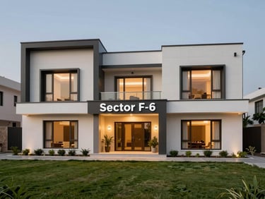Modern executive residence facade in Sector F-6, Islamabad, clean architectural lines, manicured lawn, evening lighting.