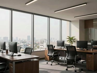 Sleek corporate office interior in Sector G-6, Islamabad, floor-to-ceiling windows, natural light, minimalist workspace.