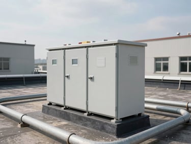 Close-up of a rooftop installation on an industrial building, battery enclosures secured to a flat roof with conduit runs, overcast sky in background, no crew visible, hardware in sharp focus
