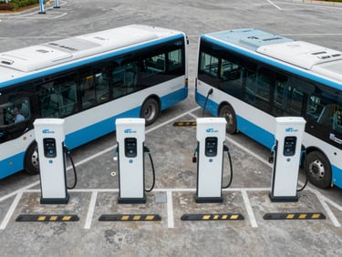 Overhead view of a municipal vehicle depot parking area, four EV charging stations installed in a row, charging cables connected to electric buses, flat grey tarmac, overcast daylight