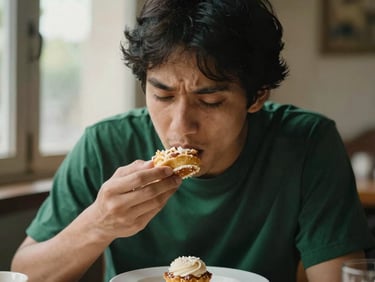 Person looking guilty after eating a dessert, dark lighting, isolated, warm editorial food photography, 35mm