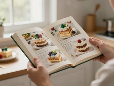 Hands holding an open ebook with a healthy dessert recipe, bright kitchen light, focus on accessibility, warm editorial food photography, 35mm