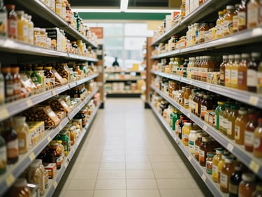 Empty supermarket aisle for specialty health foods, dim lighting, conveying scarcity, warm editorial food photography, 35mm