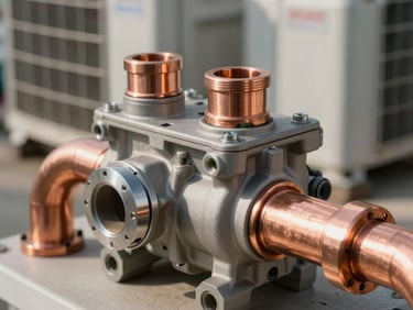 Macro shot of clean copper piping and compressor fittings on a cooling unit, bright daylight.