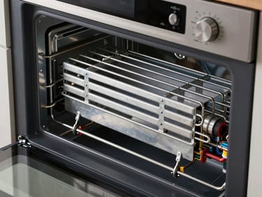 Tight shot of clean heating elements and electrical connections inside a modern built-in oven.
