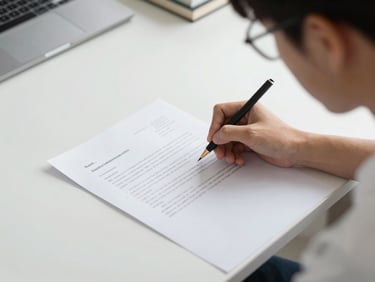 A student writing a formal letter in a structured study environment, daylight, sharp focus, 35mm