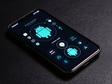 Extreme close-up of a modern Android device screen showing a high-contrast cyan system architecture diagram, low-key dramatic studio lighting, dark textured background