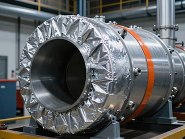 Industrial turbine casing with advanced thermal insulation blankets, high-contrast industrial lighting, cool metallic tones.