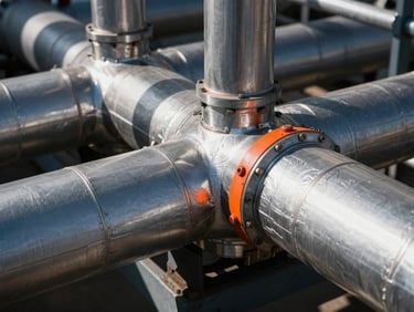 Insulated piping networks in an industrial plant, macro shot of aluminum cladding joints, dramatic shadows, sharp depth of field.
