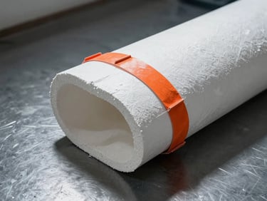 Rigid white calcium silicate insulation pipe cover on a dark metallic surface, dramatic industrial shadows