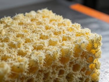 Macro shot of dense yellow rockwool insulation texture, sharp industrial lighting, cool metallic background