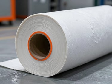 White ceramic fiber insulation blanket roll, high-contrast industrial lighting, cool metallic tones with safety orange accents