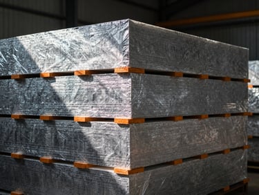 Sharp geometric composition of stacked thermal insulation materials inside an industrial warehouse, dramatic high-contrast lighting.