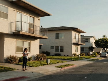 Wide environmental shot of a residential street in Southern California, apartment buildings with balconies visible in the afternoon light, a woman standing outside holding a phone and looking at the screen, warm even natural daylight, real neighborhood setting, documentary framing