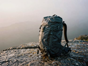 A technical outdoor backpack sitting on wet granite rock, misty overcast daylight, water droplets on the fabric, dramatic natural backlighting, sharp texture detail.