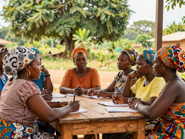 Collaborative community workshop in Bouaké, Ivorian women leaders engaged in discussion around a wooden table, soft bright natural daylight, 35mm