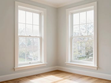 A clean, bright residential room with freshly installed white window frames, spotless glass, soft morning light spilling onto a tidy wooden floor