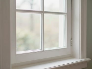 Close-up of a modern white window frame with pristine double-pane glass, soft natural daylight illuminating a cozy home interior.