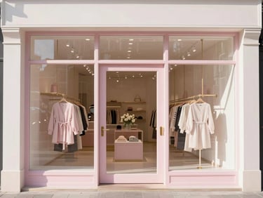 Clean architectural framing of a local boutique storefront with expansive glass windows, bright morning sun reflecting softly.