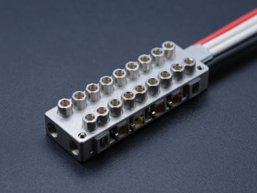 Clean, organized automotive wiring harness with dense connector blocks, cool technical studio lighting, deep slate background, sharp focus