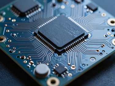 Extreme macro shot of a multi-layer automotive circuit board, cool blue studio lighting, metallic silver traces and microprocessors, ultra-detailed 85mm lens