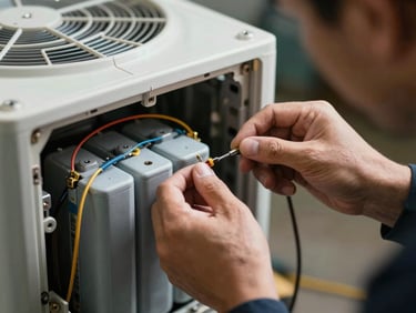 A close-up of a technician's hands carefully wiring a replacement capacitor inside an open residential air handler unit under bright work lights.