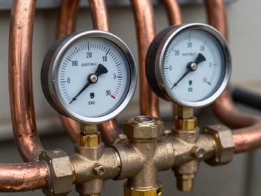 Macro shot of copper refrigeration lines and brass manifold gauges displaying system pressure readings under clean daylight.