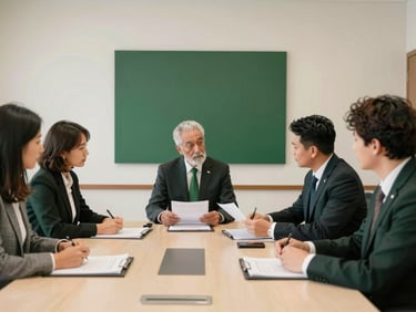 Professional staff in a structured meeting reviewing documents, clean office environment, bright natural Arizona daylight, 35mm, stately institutional photography