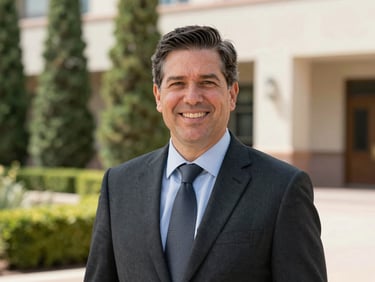 Professional portrait of a man in business attire, approachable and experienced, against a neutral institutional background, bright natural Arizona daylight, sharp focus, 35mm