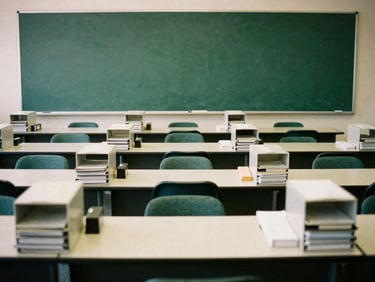 Organized administrative office with clear desks and filing systems, bright natural Arizona daylight, 35mm, stately institutional photography