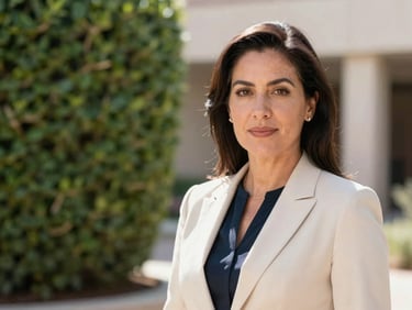 Professional portrait of a woman in business attire, confident and composed, against a neutral institutional background, bright natural Arizona daylight, sharp focus, 35mm