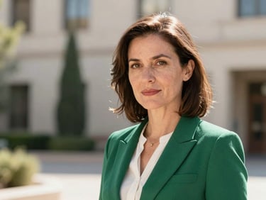 Professional portrait of a woman in business attire, meticulous and focused, against a neutral institutional background, bright natural Arizona daylight, sharp focus, 35mm