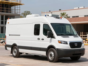 Crisp commercial photography of a clean modern mobile testing unit vehicle parked at a Denver construction site, bright daylight, 35mm, sharp focus
