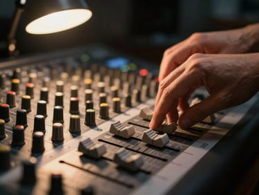 Extreme close-up of hands operating a studio mixing board, fingers resting on faders in mid-adjustment, warm amber practical light from a desk lamp illuminating the fingers and the console surface from the left, the background dissolving into soft darkness, no faces visible — craft as the subject