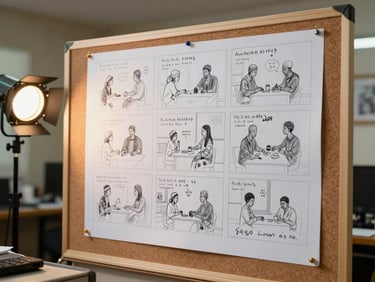 A storyboard pinned to a corkboard in an Addis Ababa production office, frame sketches with handwritten Amharic scene notes, warm practical lamp light from the side, real working studio environment, documentary framing