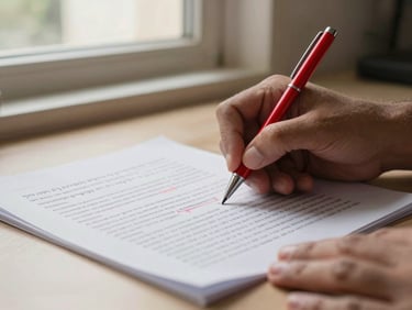 Hands annotating a printed script on a desk, Amharic and English text visible side by side, a red pen marking cultural reference notes, warm north-facing daylight from a studio window, shallow focus on the page