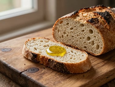 Rebanadas de pan de masa madre tostadas con un poco de aceite de oliva, sobre una tabla de madera rústica, foco en la textura.