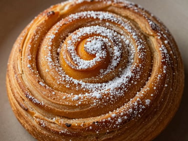 Overhead macro shot of a seasonal pastry (e.g., pumpkin or beet swirl), delicate layers, powdered sugar dusting, soft shadows, warm earthy tones.