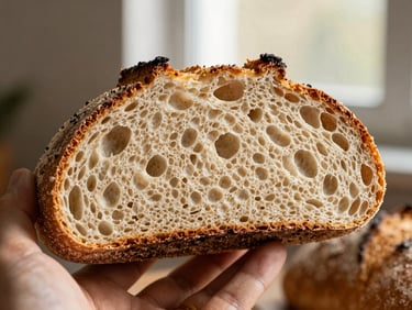 Primer plano de una mano cortando una rebanada de pan de masa madre recién horneado, miga aireada visible, luz lateral cálida.