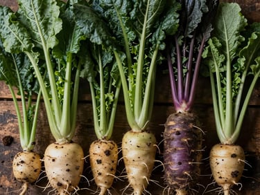 Extreme close-up overhead of freshly harvested organic vegetables — dark leafy greens and root vegetables arranged on a rough wooden surface under natural daylight, rich shadows and soil texture visible