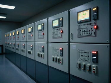 Interior of a modern industrial control room, clean rows of illuminated PLC panels, sharp focus on wiring schematics.