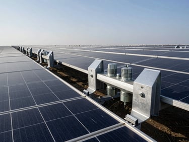Wide-angle shot of solar panels stretching into the horizon under crisp daylight, showcasing heavy-duty structural electrical mounts.
