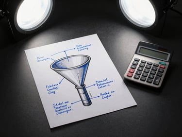 Overhead flat-lay of a printed funnel diagram with handwritten annotations in blue marker, a calculator beside it on a matte black desk, cool studio strobe lighting from above casting sharp shadows