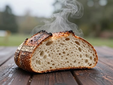 Editorial close-up of a rustic sourdough loaf sliced open on a dark wood table, steam rising, soft Scandinavian overcast daylight, shallow depth of field, 35mm